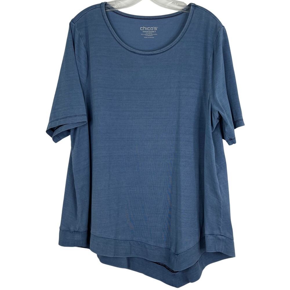 Chico's Women's Top 100% Blue Casual Short Sleeves Asymmetrical Hem Size 3/XL
